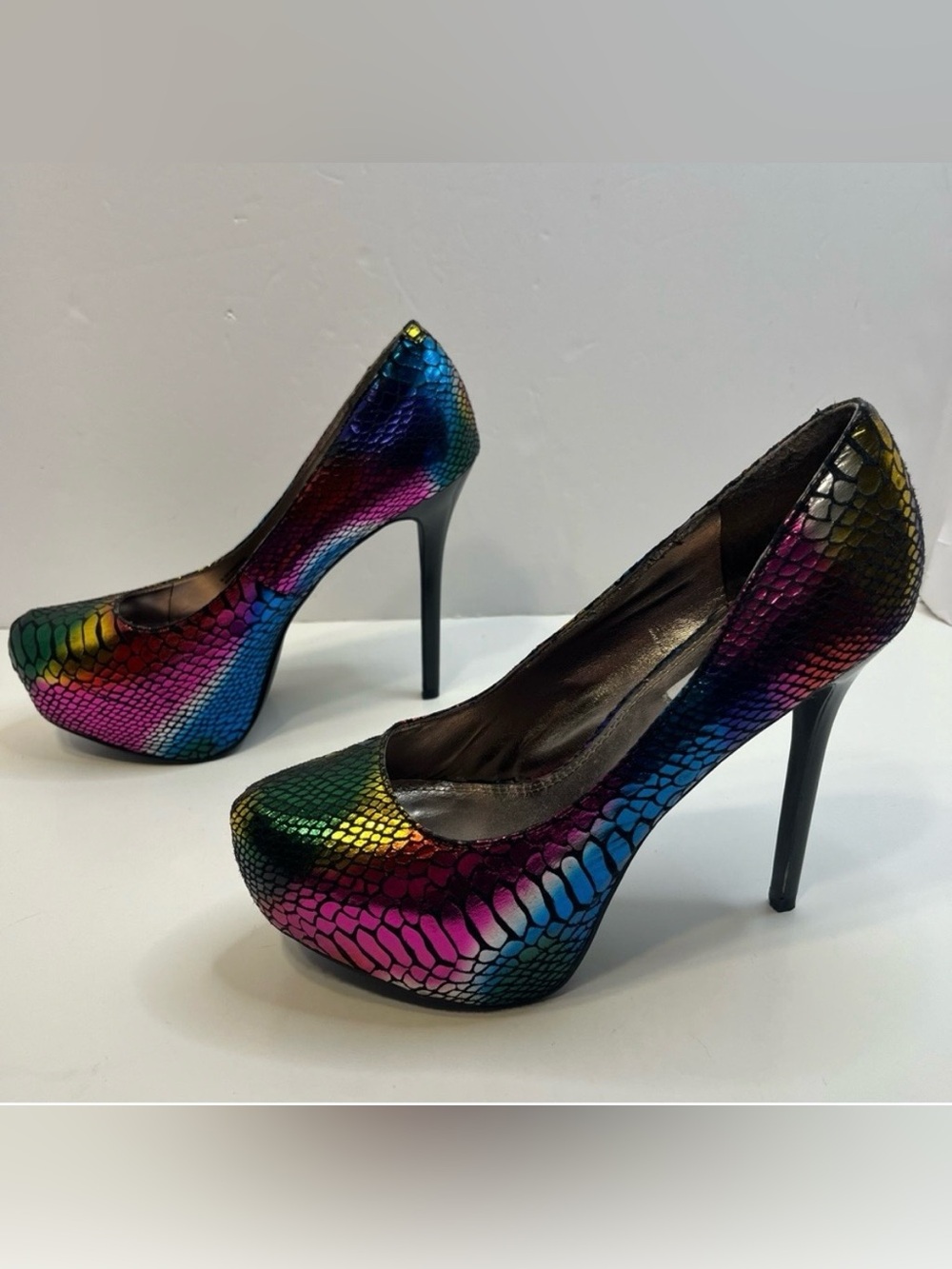STEVE MADDEN bliss rainbow metallic snake print animal print platform heel shoes